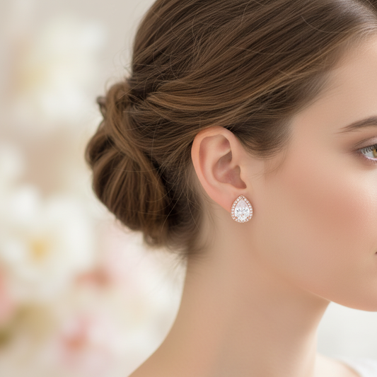 Woman wearing petite pear-shaped cubic zirconia halo stud earrings in rose gold plated finish with hair styled back