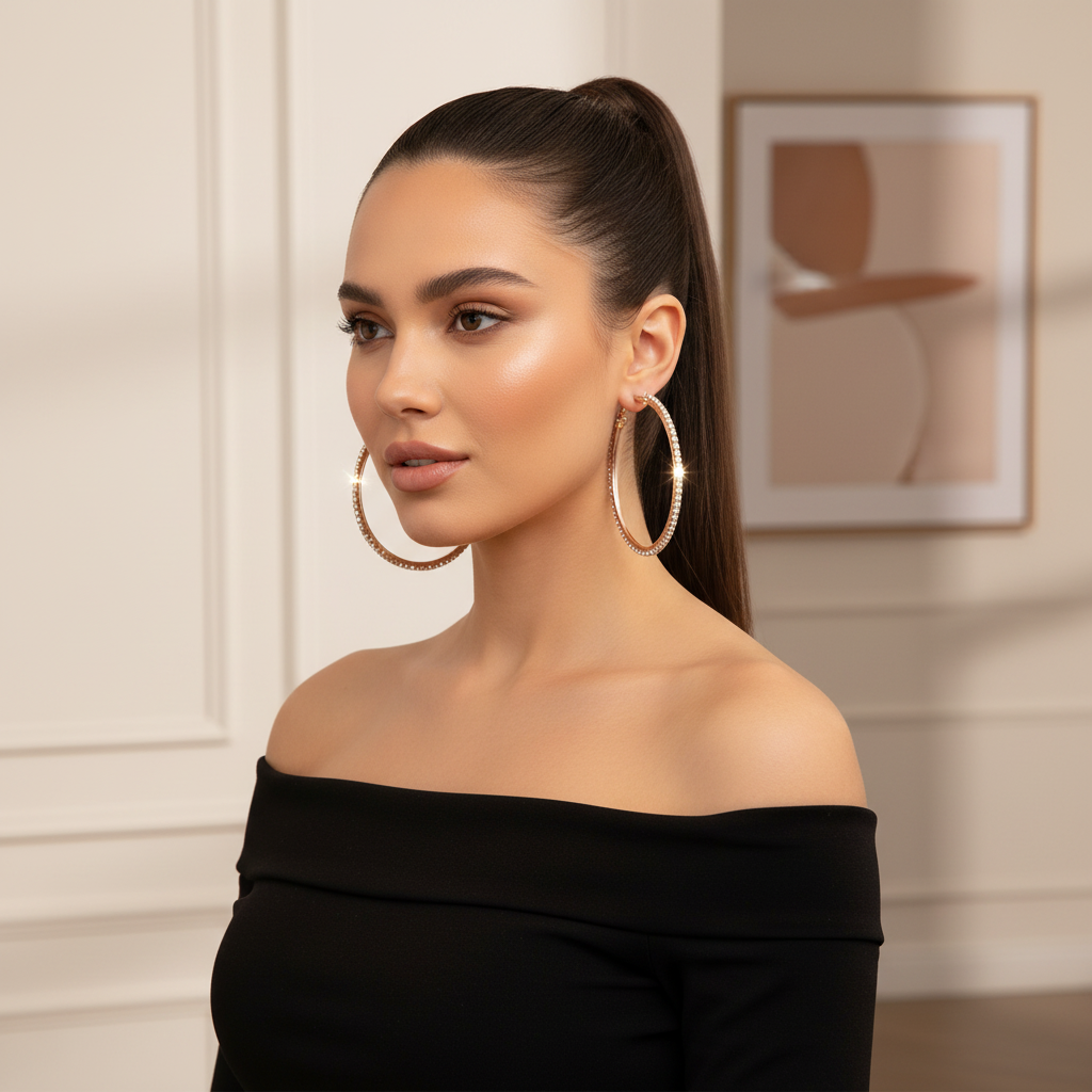 Woman wearing large silver rhinestone hoop earrings with hair pulled back in sleek style, showing how 3-inch statement hoops catch light and elevate sophisticated outfit