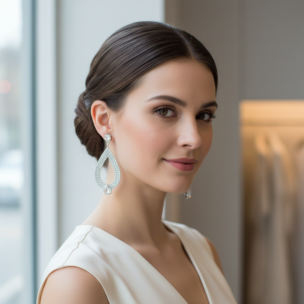Woman wearing 3-inch silver rhinestone teardrop dangle earrings with hair in updo