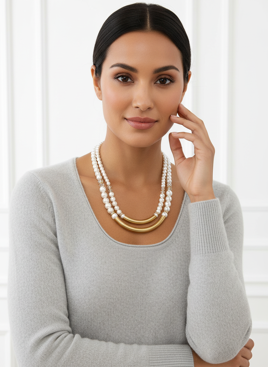 Woman wearing white pearl and gold tube statement necklace with scoop neck sweater