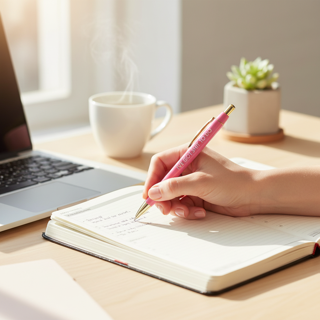 Woman writing in planner with pink Busy Bitch pen that says I've Got Shit To Do
