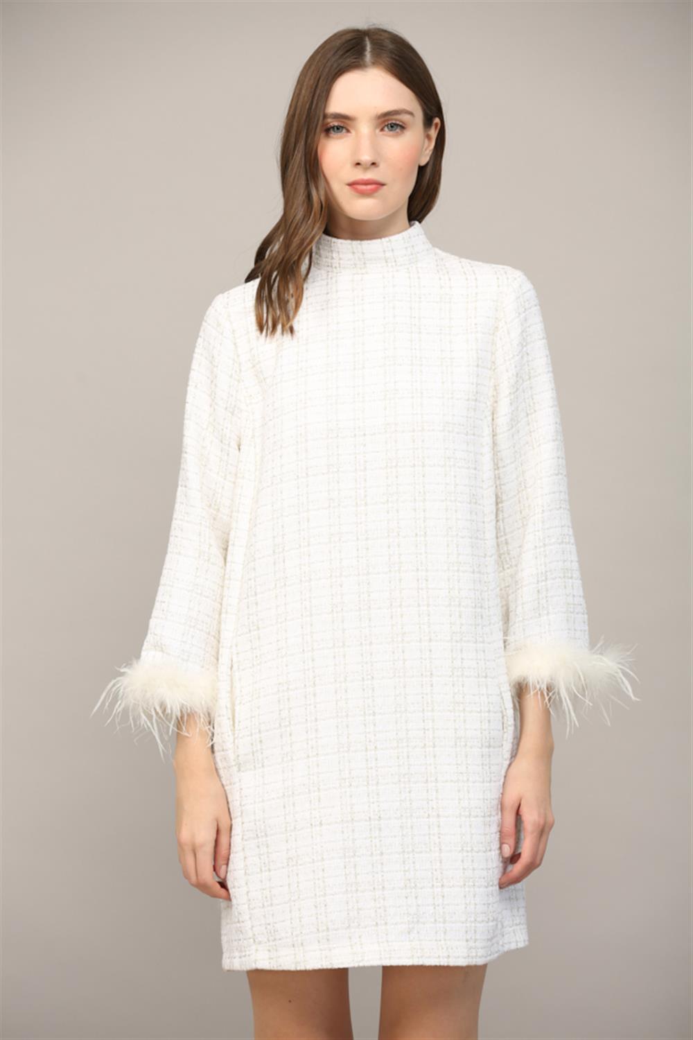 White Feather-Trim Tweed Shift Dress - Mock Neck Mini Dress with