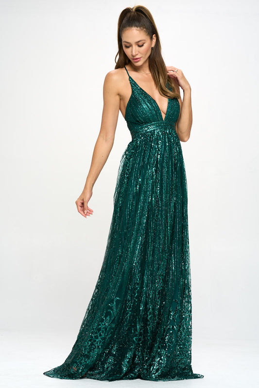 Emerald green sequin evening gown with deep V-neck and X-back for special occasions
