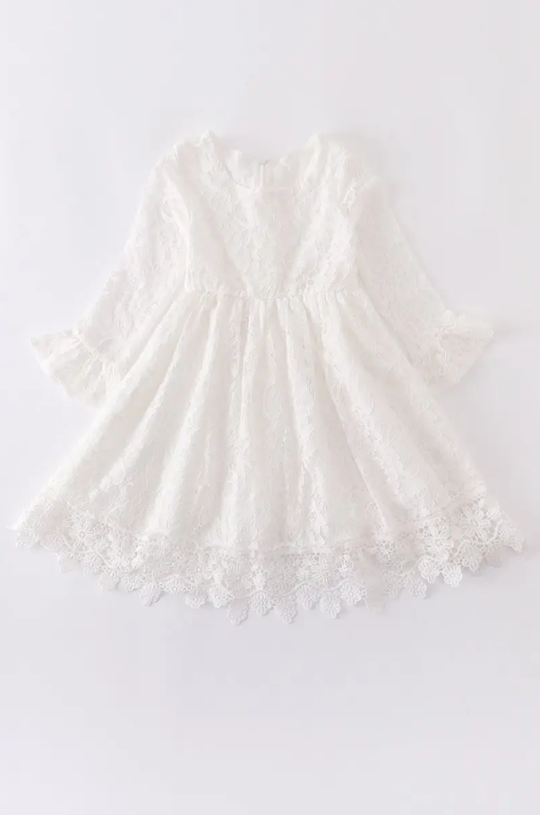 Girls White Lace Ruffle Dress – Long Sleeve Floral Lace Hem (Tween)