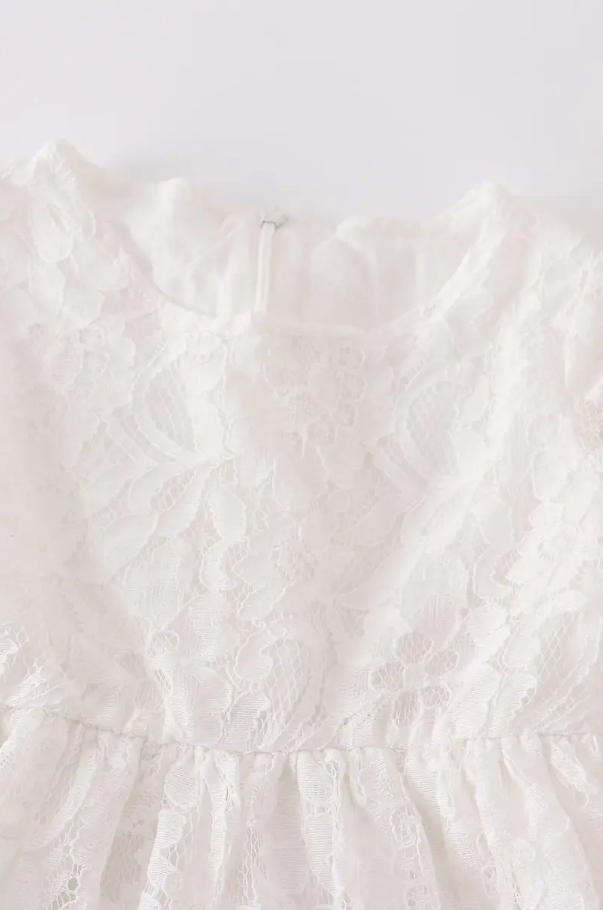 Girls White Lace Ruffle Dress – Long Sleeve Floral Lace Hem (Tween)