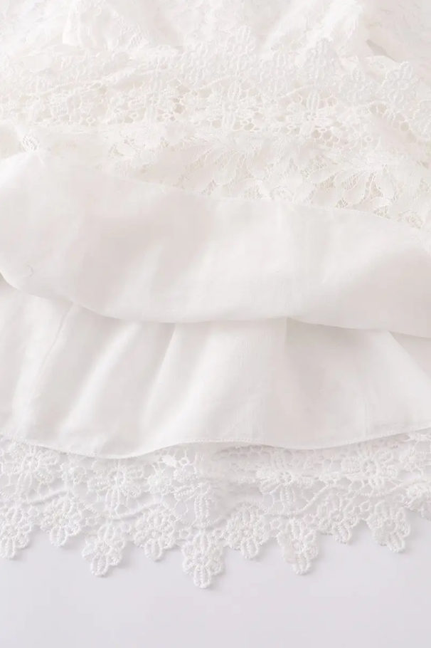 Girls White Lace Ruffle Dress – Long Sleeve Floral Lace Hem (Tween)
