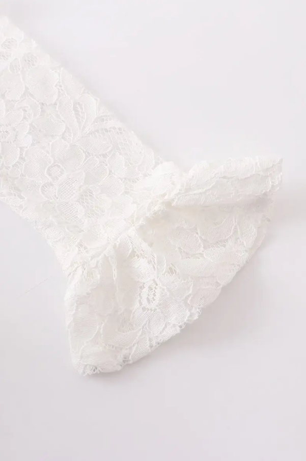 Girls White Lace Ruffle Dress – Long Sleeve Floral Lace Hem (Tween)