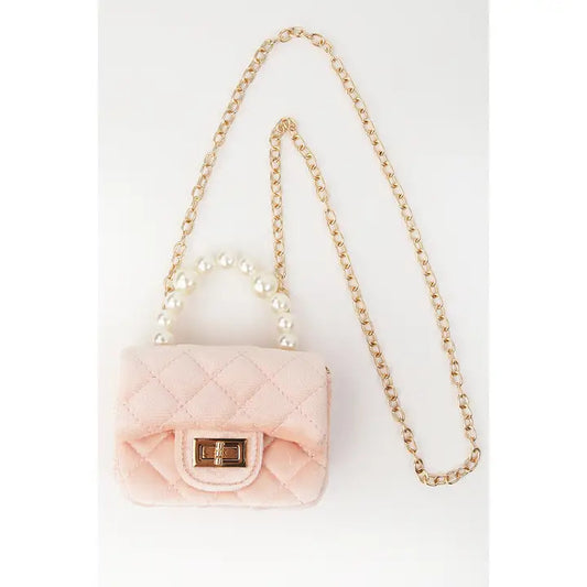 Girls' Mini Quilted Velvet Bag w/Pearl Handle and Gold Chain