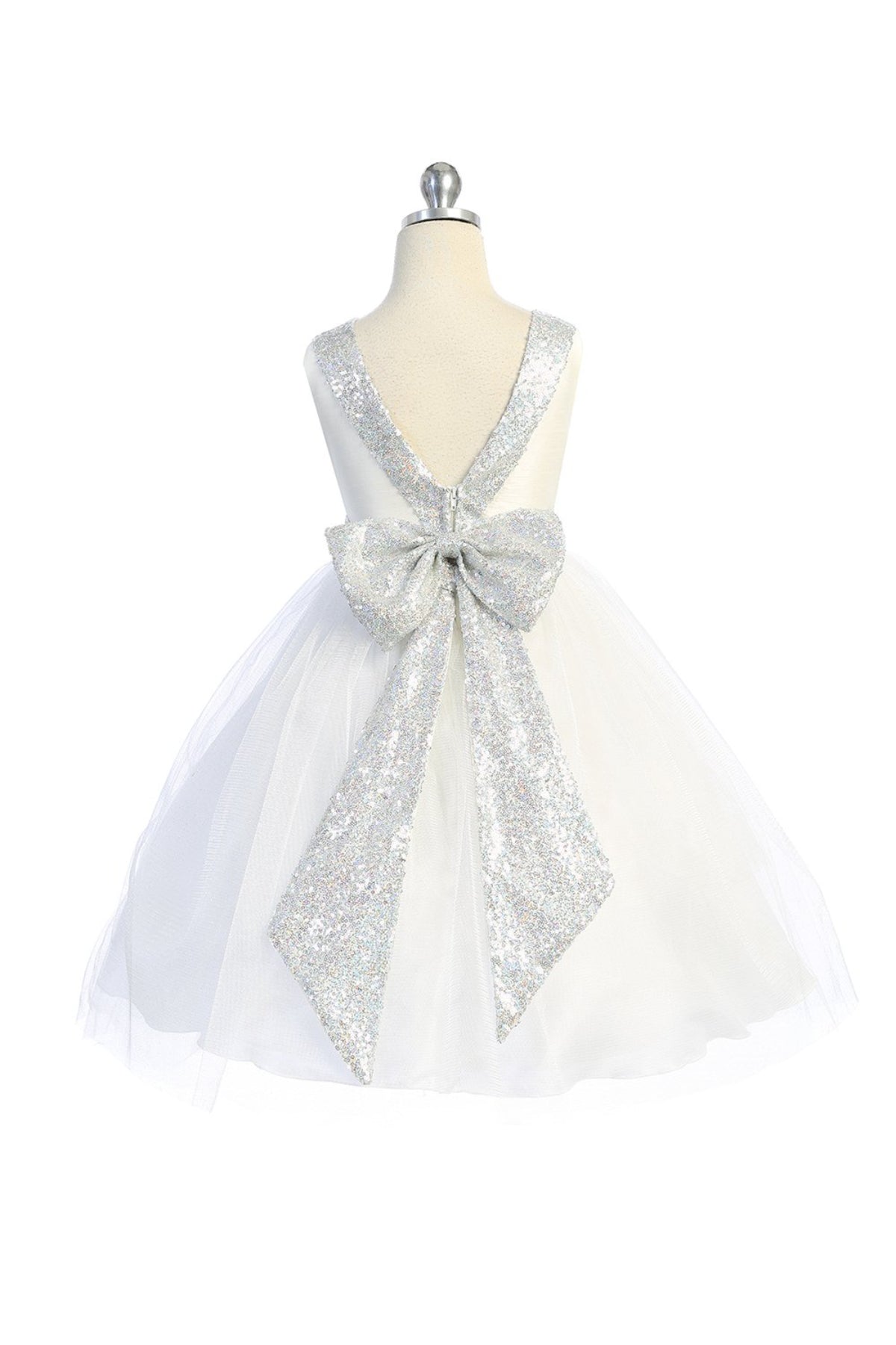 Girls' Ivory/Silver Sequin Back V Dress