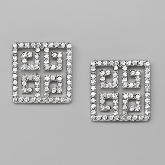 Greek Pattern Glass Stone Embellished Studs - Silver