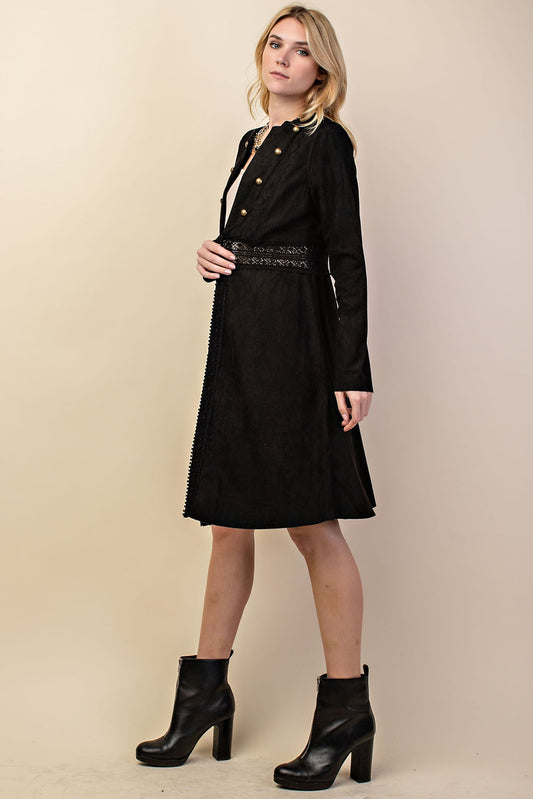 Long Faux Suede Jacket Lace & Button Detail - Beige