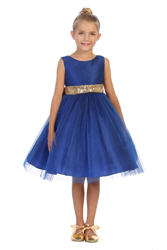 Girls' Royal Blue Gold Sequin Back V Dress