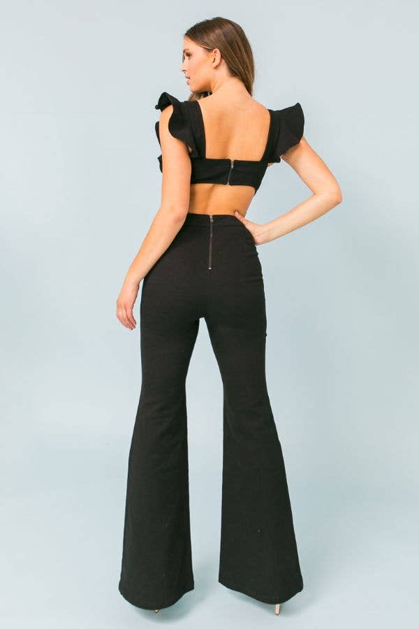 Black Flared Stretch Denim Jumpsuit with Ruffle Detail