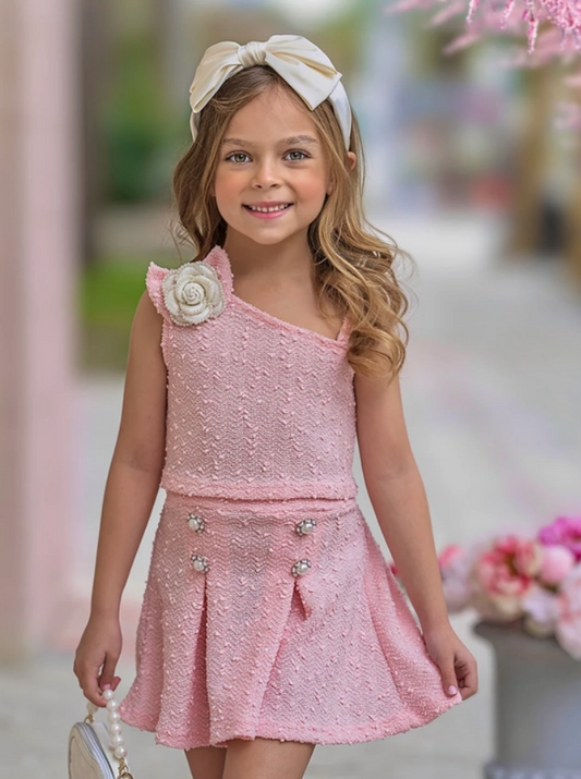 Girls' Asymmetric Tweed Skirt Set