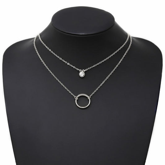 Metal Hoop & Glass Stone Charm Layered Short Necklace - Silver