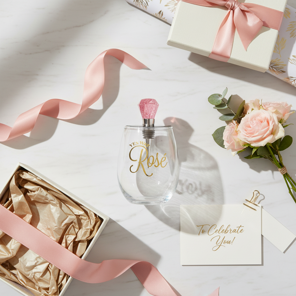 Yes Way Rosé wine glass and stopper gift set with pink roses and gift wrapping - bridal shower gift idea