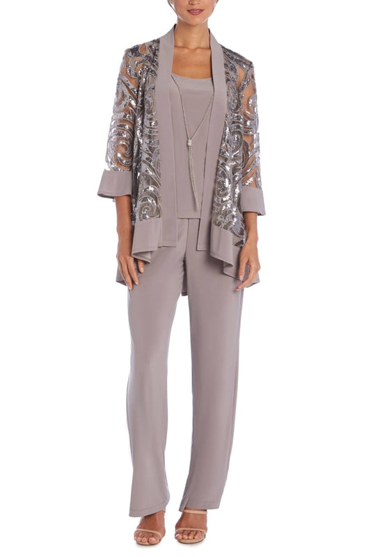 Taupe Sequined 3-Piece Evening Pants Set w/Necklace