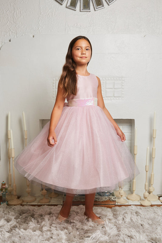 Girls' Light Pink Sequin Back V Dress