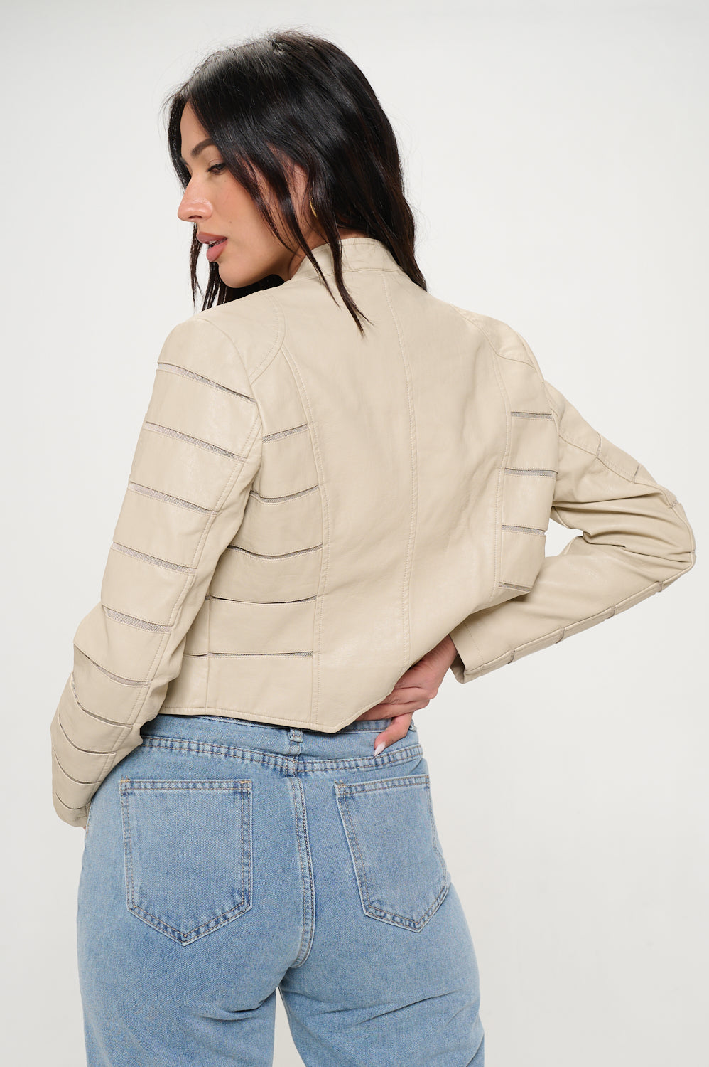 Cream Vegan Leather Mesh Jacket
