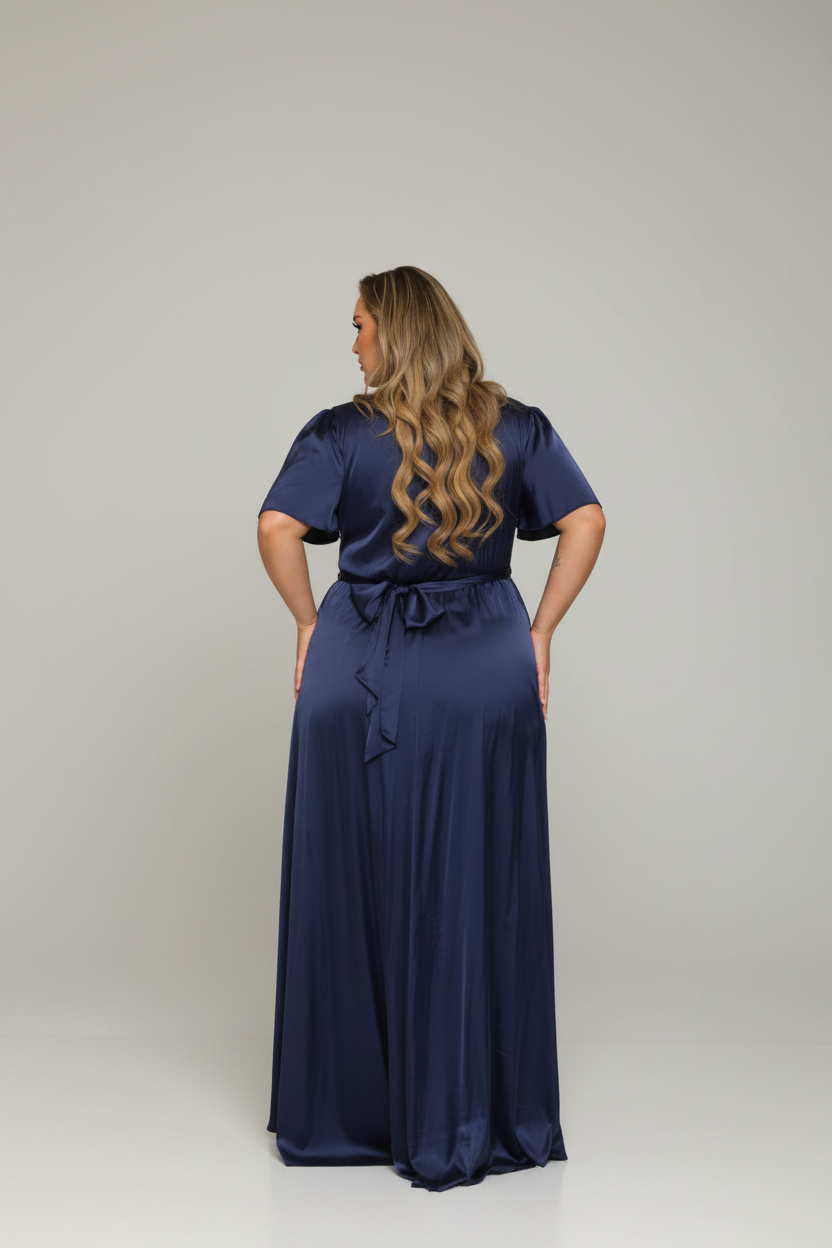 Plus Size Navy Satin Surplice Gown | Flutter Sleeve Tie Waist & Front Slit