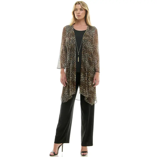 Woman wearing leopard print sheer chiffon duster cardigan over black pants, front view showing open drape styling