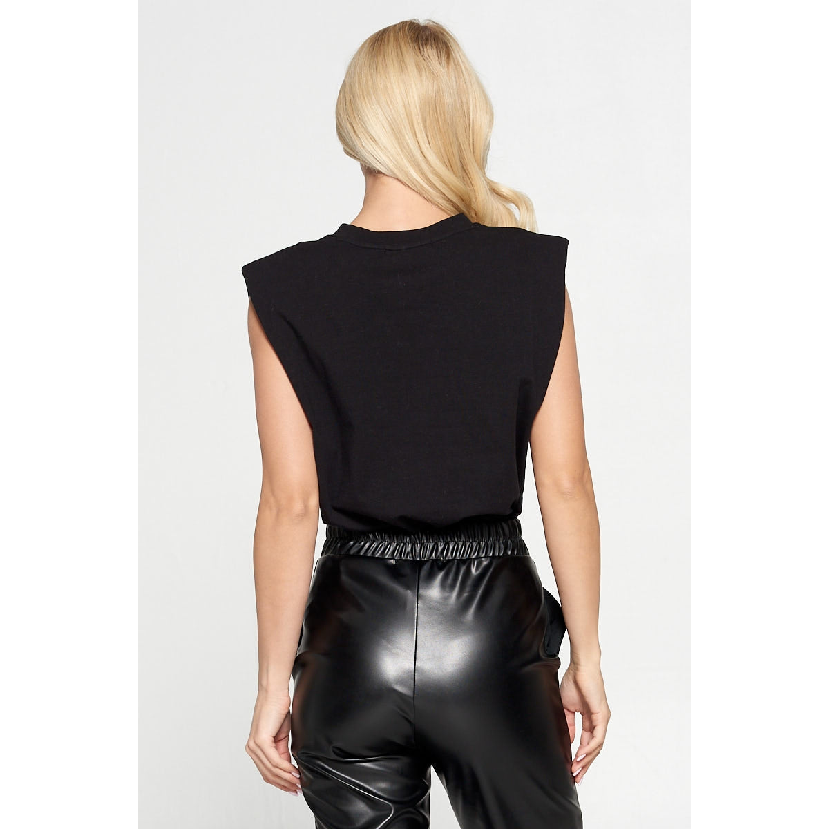 Black Solid Shoulder Pad Top