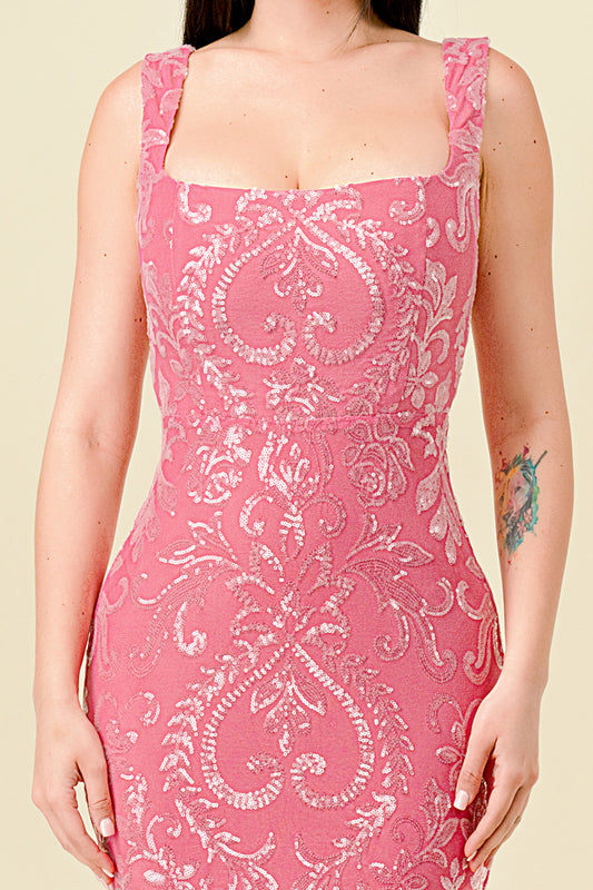 Sequin Square Neck Gown
