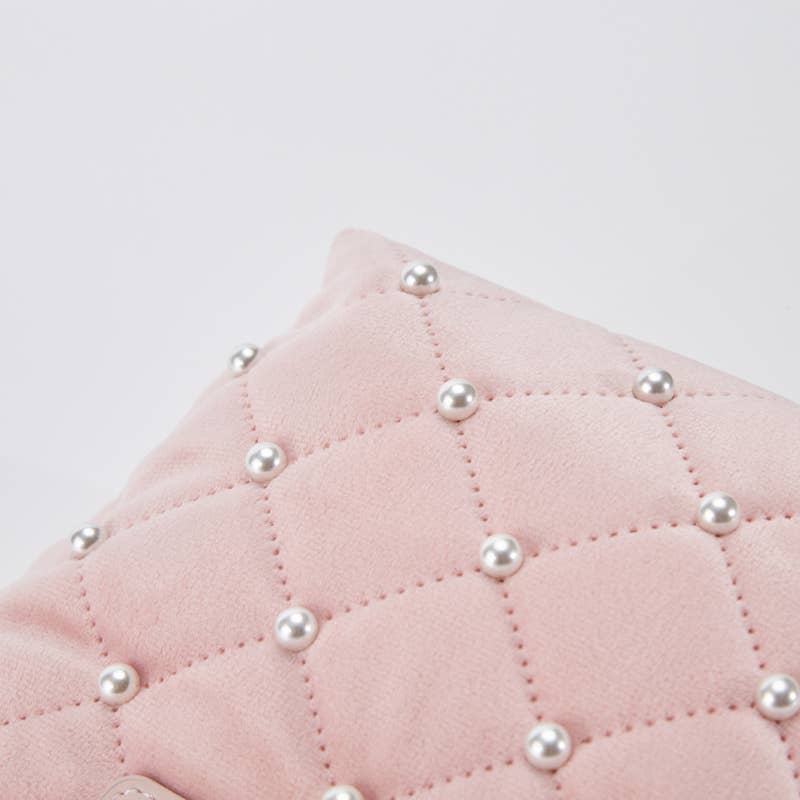 Girls Pink Pearl Embellished Quilted Velvet Purse